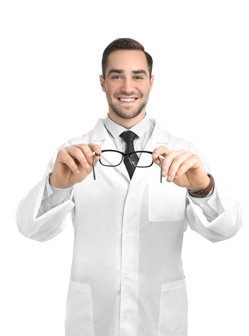 Handsome young ophthalmologist on white background